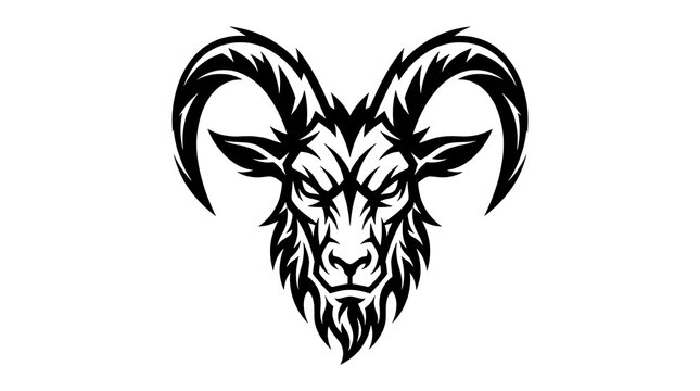 Fierce ram head illustration featuring sharp tribal details and bold black lines on white background design