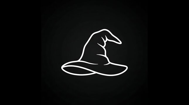Minimalist white witch hat icon outline isolated against dark black background for mysterious magical fantasy concepts