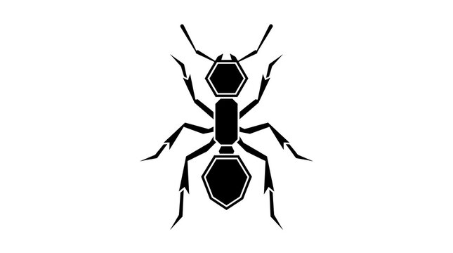 Stylized black ant silhouette illustration featuring sharp geometric lines presented on a clean white background design