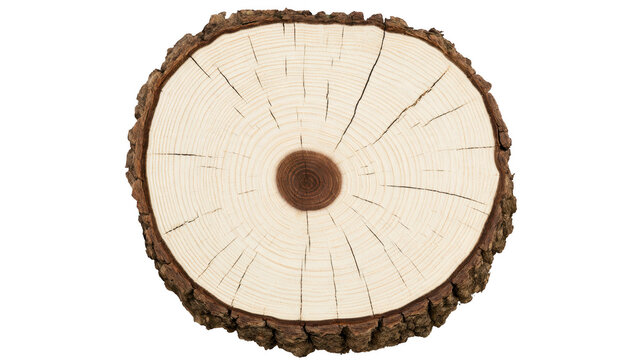 Cross-section of a tree log showing natural grain and bark texture on white background
