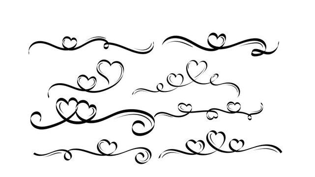 Elegant heart swirl ornaments with romantic decorative flourishes and flowing black line art