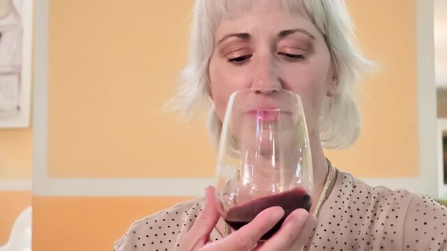 blonde woman smiling, closing her eyes, and appreciating the aroma of red wine swirling in an elegant stemless glass during a luxurious romantic dinner celebration