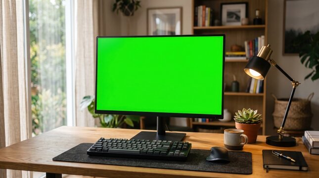 Modern desktop computer with a green screen monitor on a wooden desk in a cozy home office