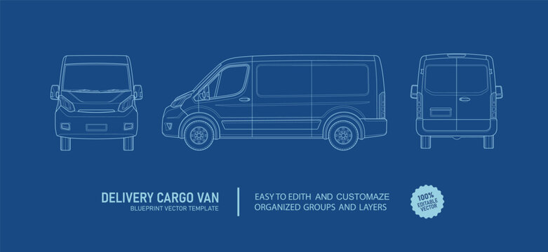 Delivery cargo van blueprint vector template with front, side and rear view. Editable technical line drawing for automotive and engineering design