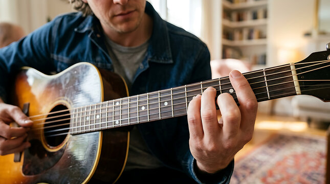 Man Playing Acoustic Guitar Indoors Warmly 1.
