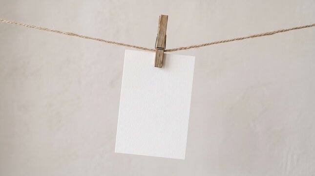 Blank white card clipped to a rope with a wooden clothespin, clean minimalist mockup, neutral background, soft lighting, simple stationery display, photorealistic.