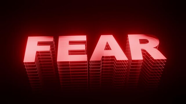Glowing red text spelling fear with a digital glitch effect on a dark background