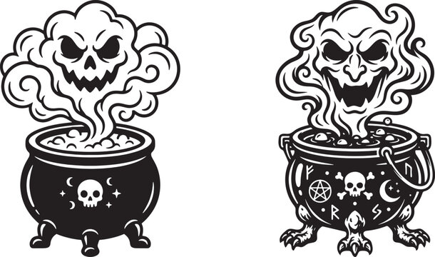 Two spooky witch cauldrons with smoke and ghost faces