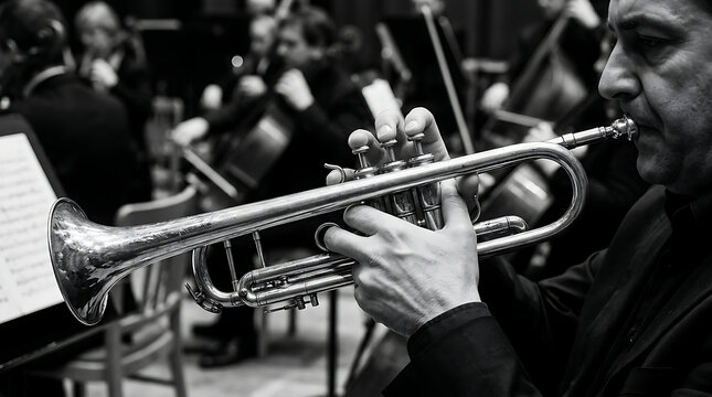 Musician playing brass trumpet in concert.