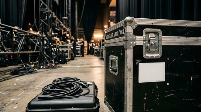 Flight case and coiled cable on the floor of a large event backstage