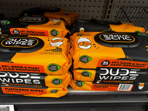 Mesa, Arizona - September 18, 2026: Pumpkin Spice scented Dude Wipes for men for sale on a shelf
