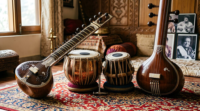 Traditional Indian Sitar and Tanpura Instruments Displayed.