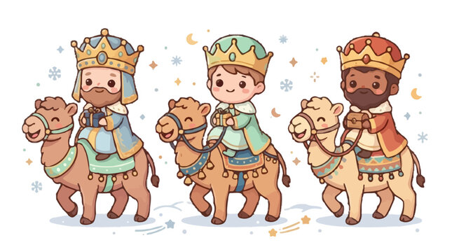 Cute Kawaii Three Wise Men Riding Chubby Camels Vector Illustration Banner
