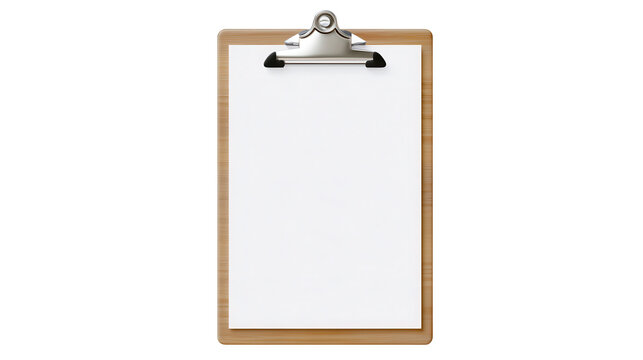 Vertical wooden clipboard with a blank white sheet isolated on white background