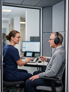 Audiologist Performing a Hearing Test for a Senior Man in a Soundproof Clinic Booth
