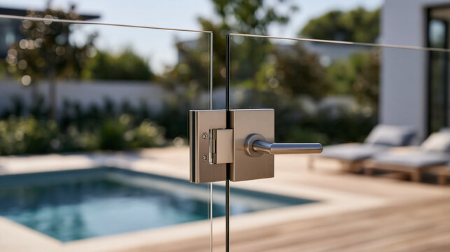 Glass pool fence gate with self closing stainless hinge mechanism and child proof magnetic latch, residential safety hardware, pool barrier compliance, backyard installation