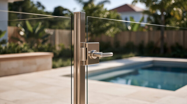 Glass pool fence gate with self closing stainless hinge mechanism and child proof magnetic latch, residential safety hardware, pool barrier compliance, backyard installation