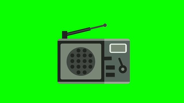 retro portable radio animation, with antenna and speaker, on green screen background, broadcast and music listening concept animation 4k.