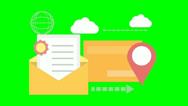 email envelope with letter animated, location pin and cloud on green screen background, communication and mail delivery concept animation 4k.