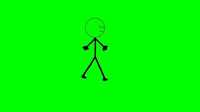 walking stick figure cartoon, character with mischievous face, on green screen background, line drawing stickman animation isolated chroma key 4k.