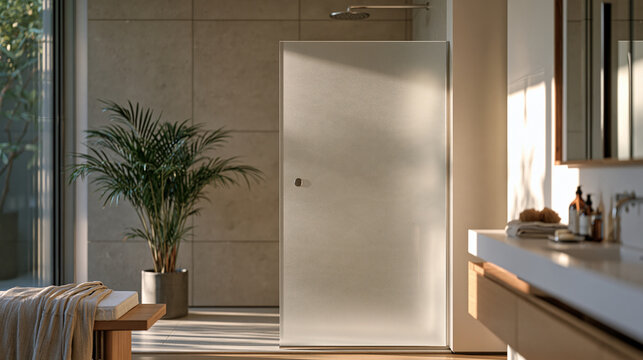 Etched frosted glass balustrade panel in bathroom wet room, privacy screening function, interior design detail, contemporary residential architecture, master suite renovation, spa