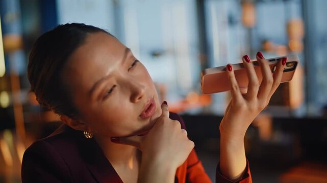 Closeup woman recording voice message phone. Business lady speaks loudspeaker.
