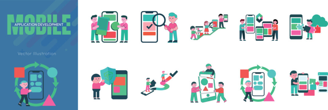 Mobile application development concept vector illustration set with tiny developers building, testing, and designing apps for smartphones