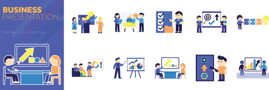 Business presentation vector illustration set with colleagues planning, analyzing data, and collaborating in office environments