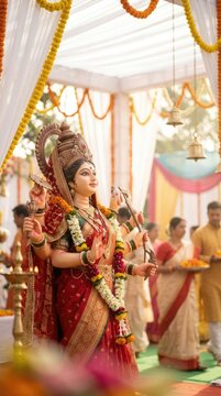 Goddess Durga idol standing inside outdoor pandal canopy during Dussehra, celebrating holy Vijayadashami festival ritual, adorned with flower garland, sacred brass bell and sari.