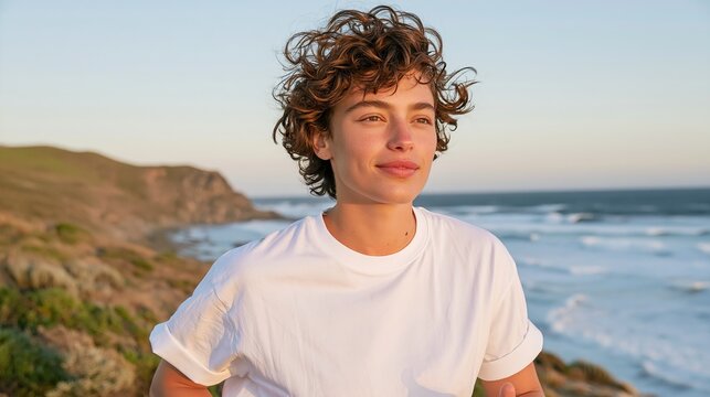 Young man with curly brown hair standing on coastal cliff at golden hour