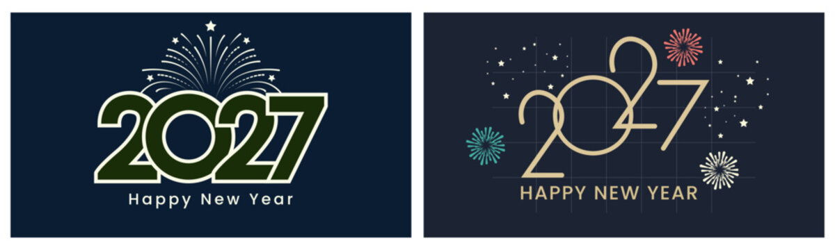 Happy New Year 2027 Celebration Banner Pair with Festive Fireworks, Bold Outline Numbers, and Elegant Script Typography on Dark Navy Backgrounds, Modern Holiday Greeting Card Vector Templates   