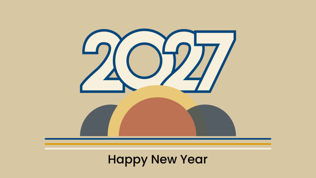 Happy New Year 2027 Retro Typography Banner with Bold Outline Numbers, Semicircle Shapes, and Stripe Accents on Beige Background, Mid-Century Modern Holiday Greeting Card Vector Template