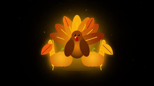 3D Thanksgiving Turkey Icon with Pumpkin and Autumn Leaves Celebration Animation
