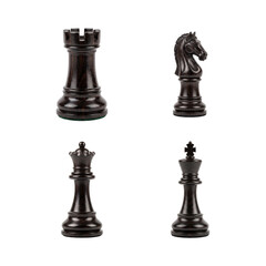 Black wooden chess pieces set, dark polished wood chessmen, king queen knight and rook © Vectrology