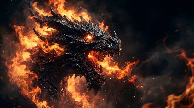Fierce black dragon head emerging from intense flames and smoke with fantasy creature mythical beast dark scales