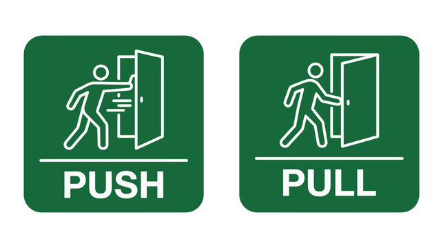 Push and pull door signs set, vector illustration of a person pushing and pulling a door, green square icons for building entrance and exit instructions