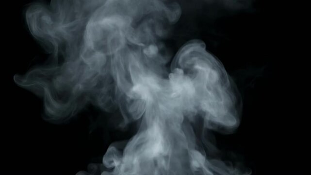 Wispy white smoke plumes rising and swirling against a black background with cinematic motion