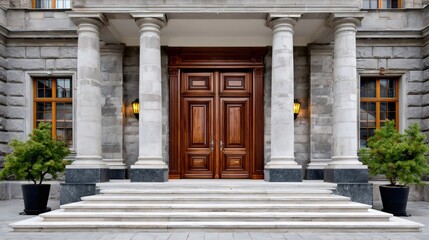 Fototapeta premium Building entrance with stone columns and wooden door