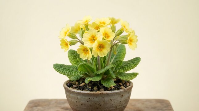 Vibrant cluster of yellow primrose blossoms with deep orange centers growing in a rustic ceramic pot against a neutral soft background for spring decor.