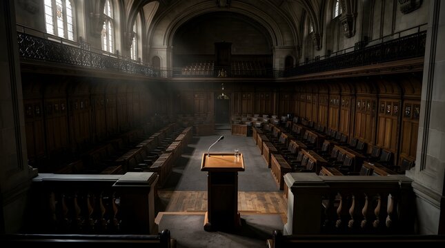 Wooden Assembly Hall with Podium and Microphone in Dramatic Lighting