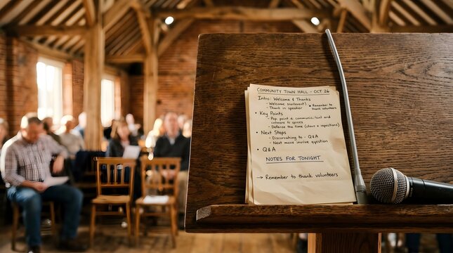 Wooden lectern with notes and microphone at community meeting