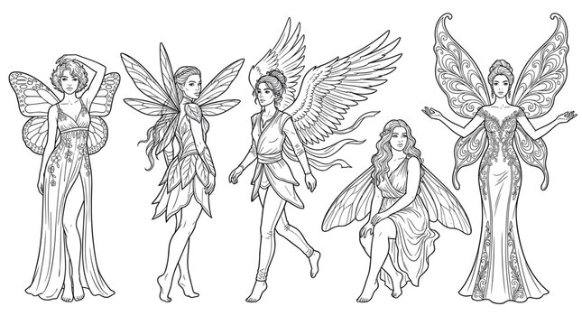 Five beautiful mythical winged female figures in various elegant poses, presented as intricate line art illustrations for coloring.