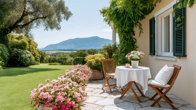 Relaxing patio with mountain view and blooming garden