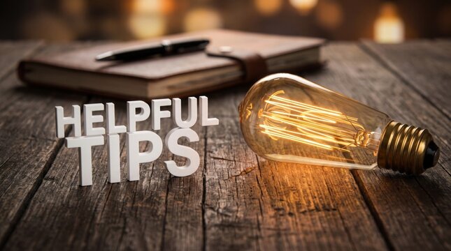 Helpful tips text stands beside an antique glowing tungsten light bulb on a weathered brown wooden desk with notebook nearby