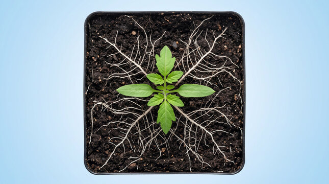 Tomato seedling roots developing in soil within a square plant pot