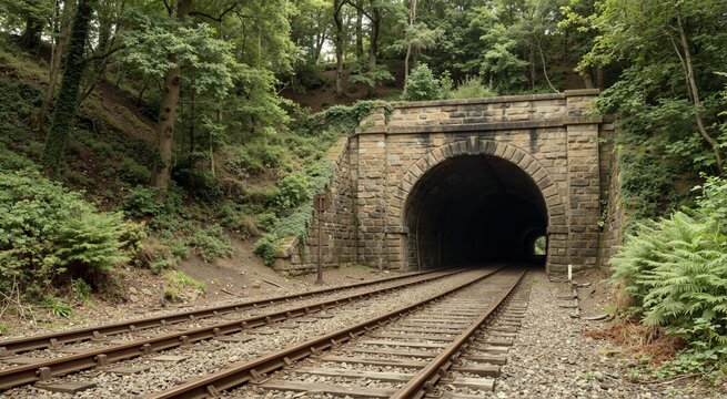 Railway tunnel entrance with stone arch. Old railroad tracks leading into dark train tunnel surrounded by forest