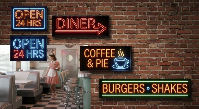 Glowing neon diner signs mounted on exposed brick wall. Retro restaurant signage for coffee burgers and 24 hour service