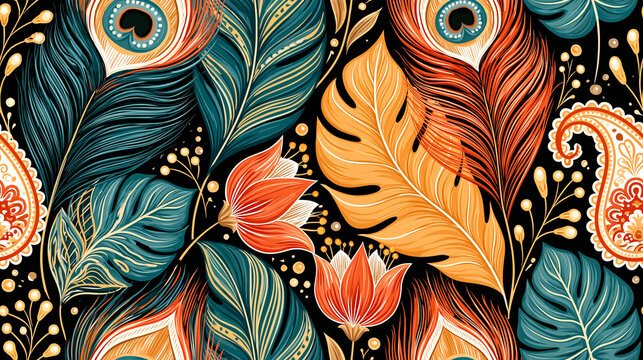 Seamless pattern of peacock feathers and leaves