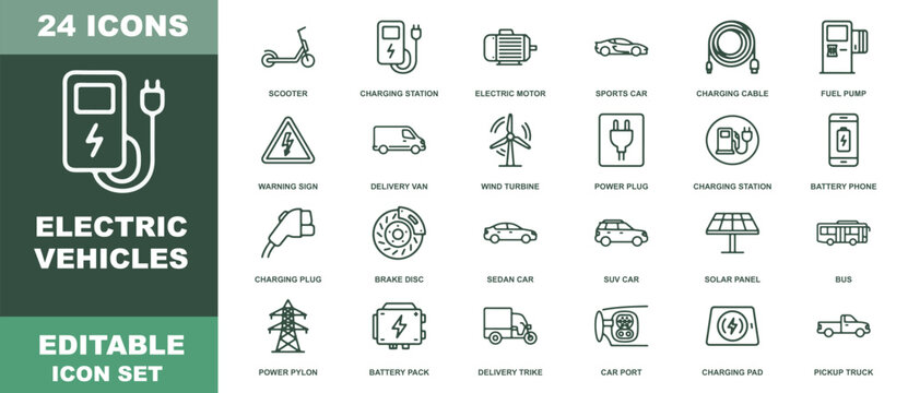 Electric vehicles editable set featuring twenty four linear symbols related to sustainable transportation, charging infrastructure, and energy