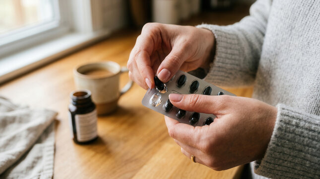 Morning Routine Of Taking Medicine With Coffee And Daily Supplement